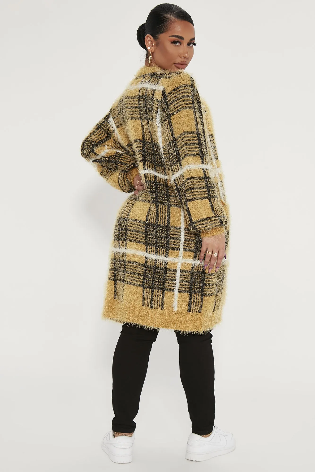 After Class Fuzzy Plaid Sweater Cardigan - Mustard/combo