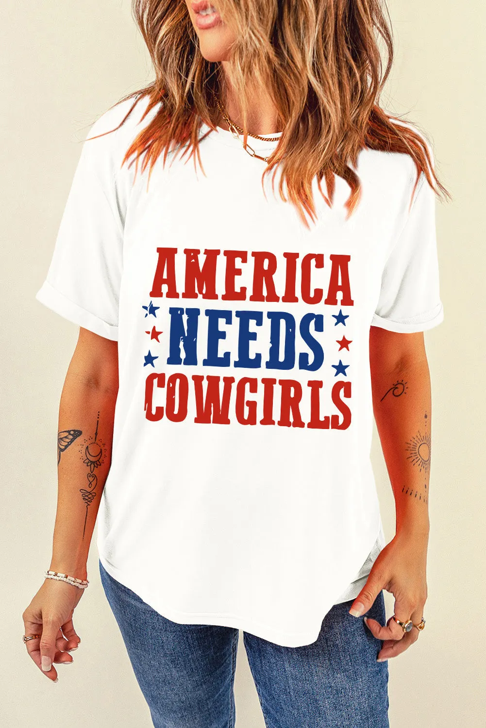 America Needs Cowgirls Graphic Tee in White Shift Style