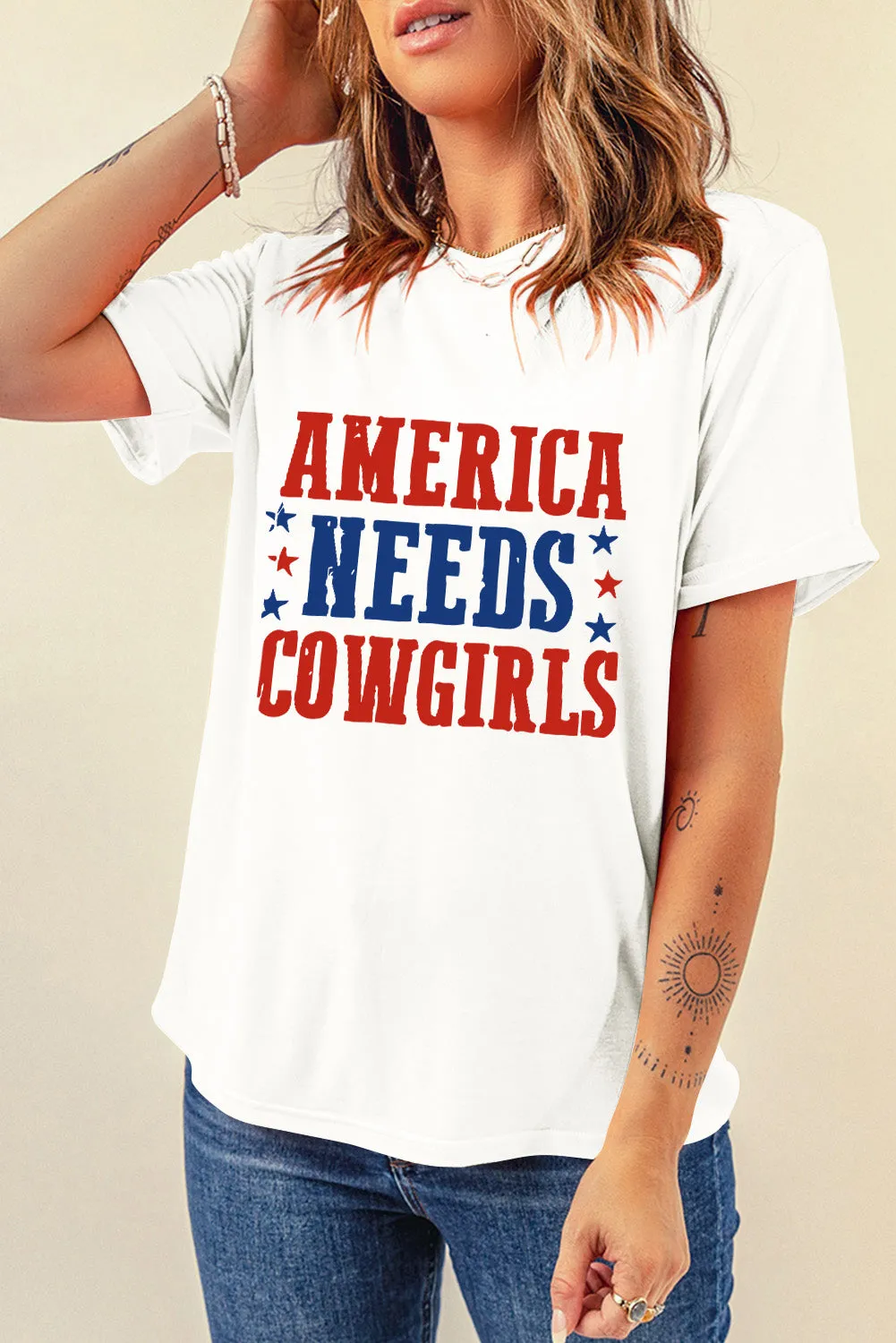 America Needs Cowgirls Graphic Tee in White Shift Style