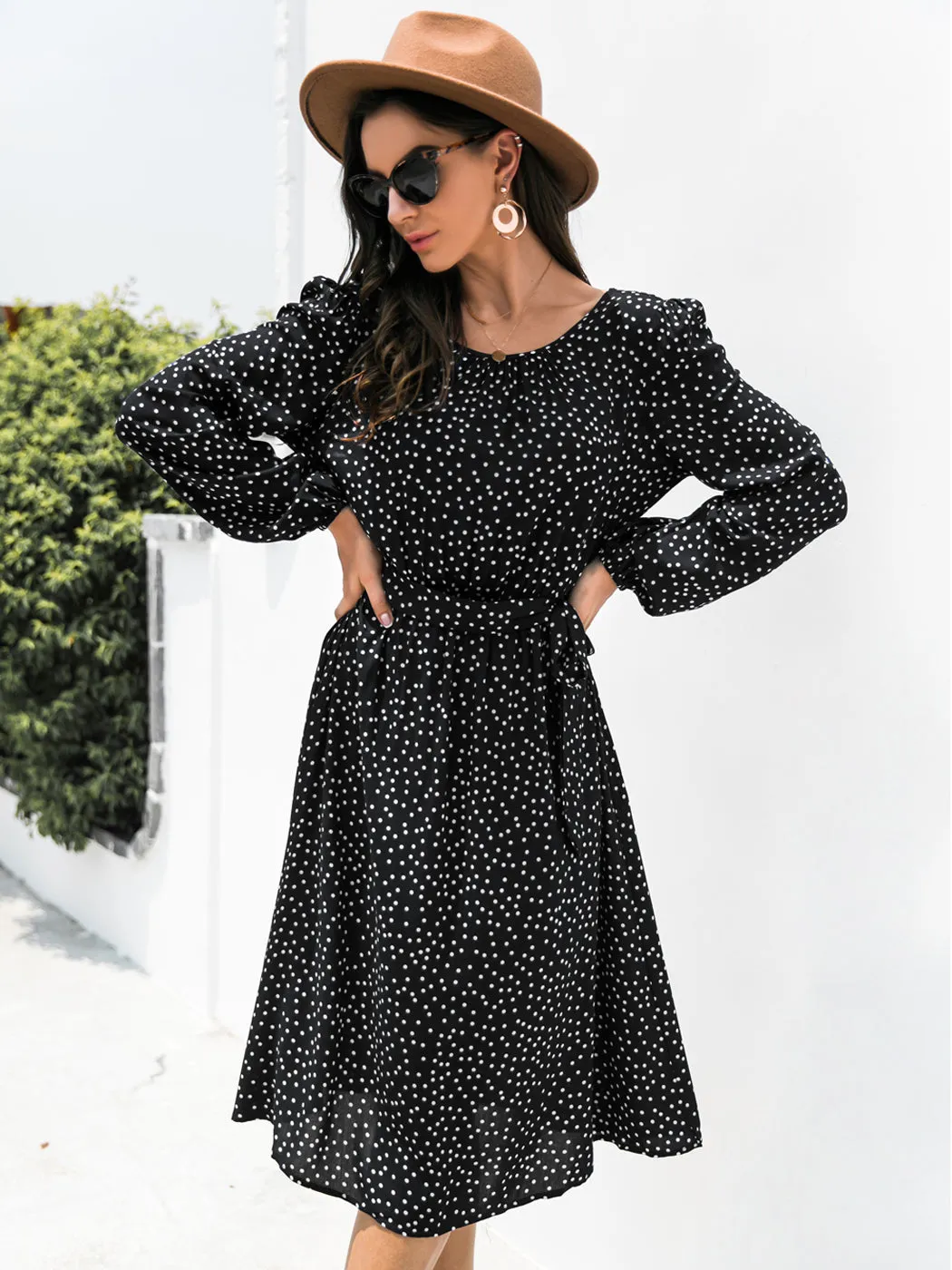 Anna-Kaci Sexy Backless Polka Dot Dress for Women Long Sleeve Round Neck Tie Waist A-Line Dresses