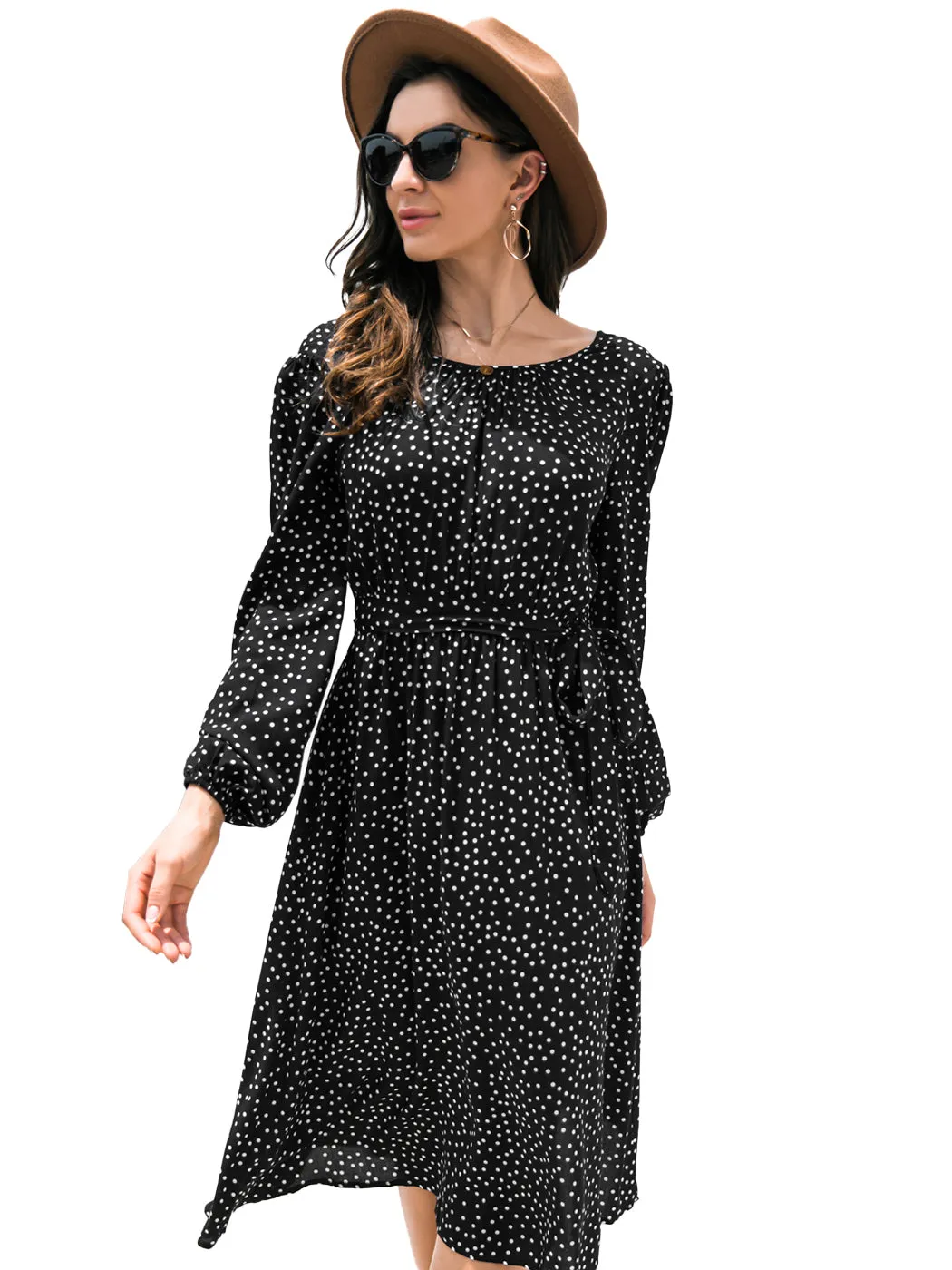 Anna-Kaci Sexy Backless Polka Dot Dress for Women Long Sleeve Round Neck Tie Waist A-Line Dresses