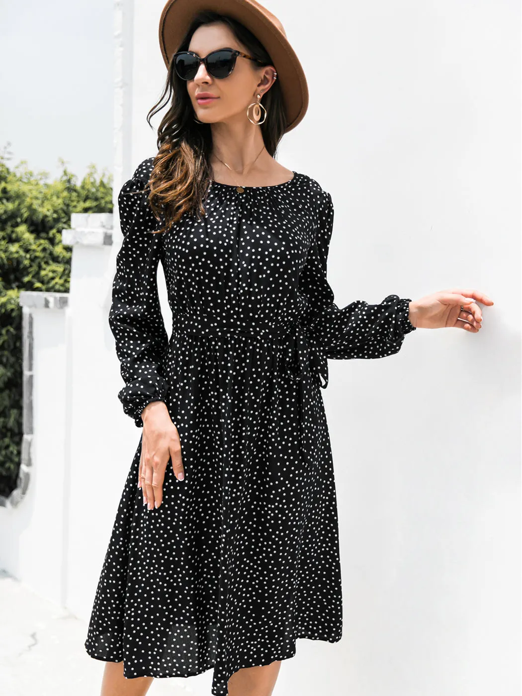 Anna-Kaci Sexy Backless Polka Dot Dress for Women Long Sleeve Round Neck Tie Waist A-Line Dresses