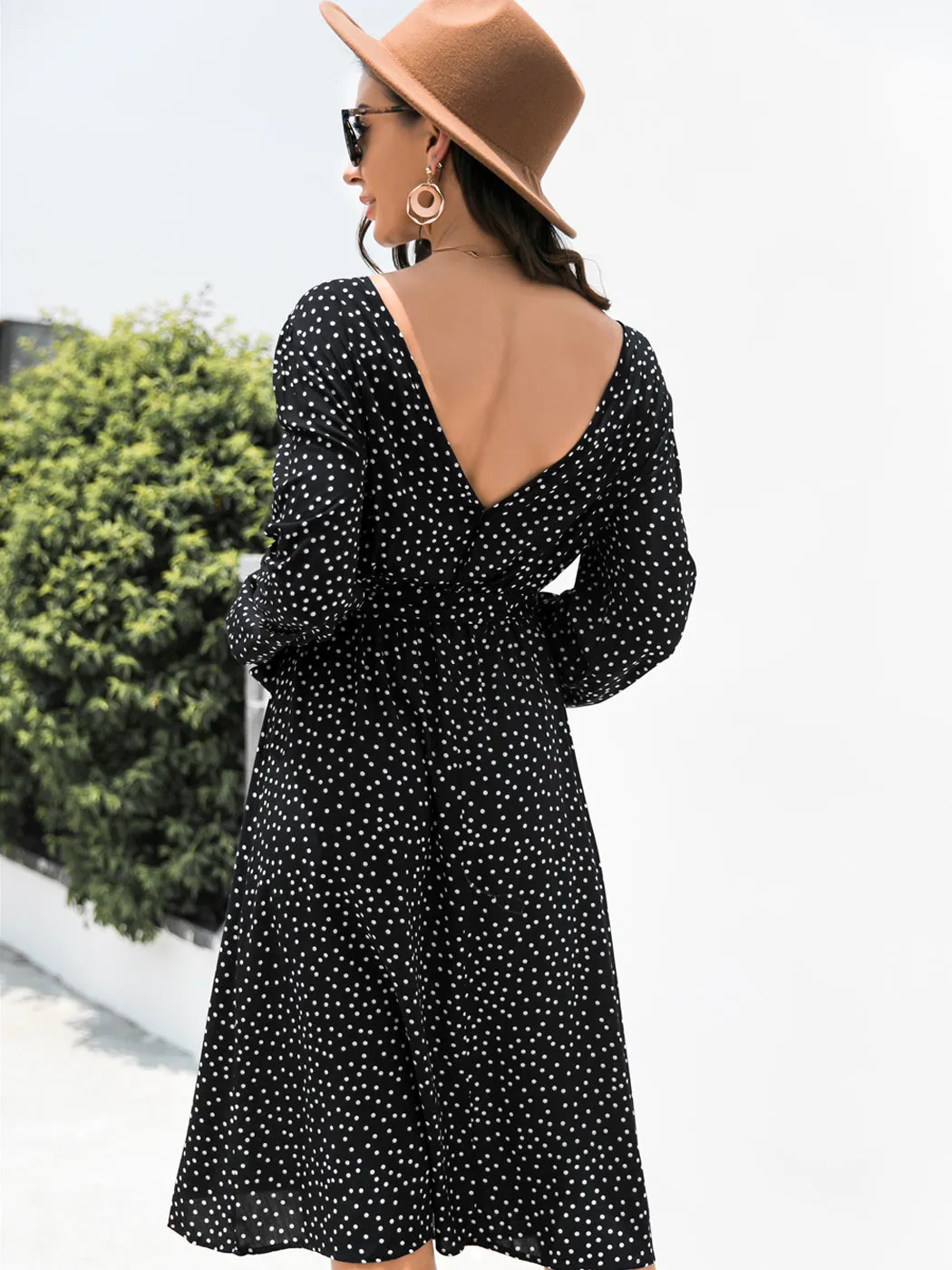 Anna-Kaci Sexy Backless Polka Dot Dress for Women Long Sleeve Round Neck Tie Waist A-Line Dresses