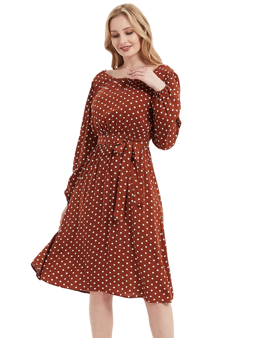 Anna-Kaci Sexy Backless Polka Dot Dress for Women Long Sleeve Round Neck Tie Waist A-Line Dresses