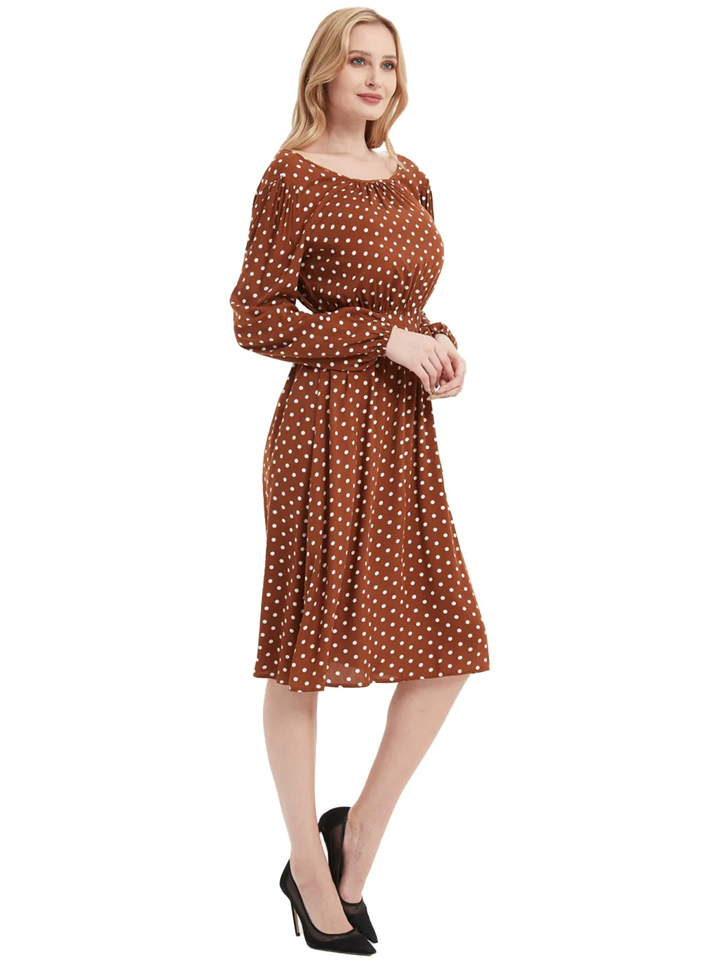 Anna-Kaci Sexy Backless Polka Dot Dress for Women Long Sleeve Round Neck Tie Waist A-Line Dresses