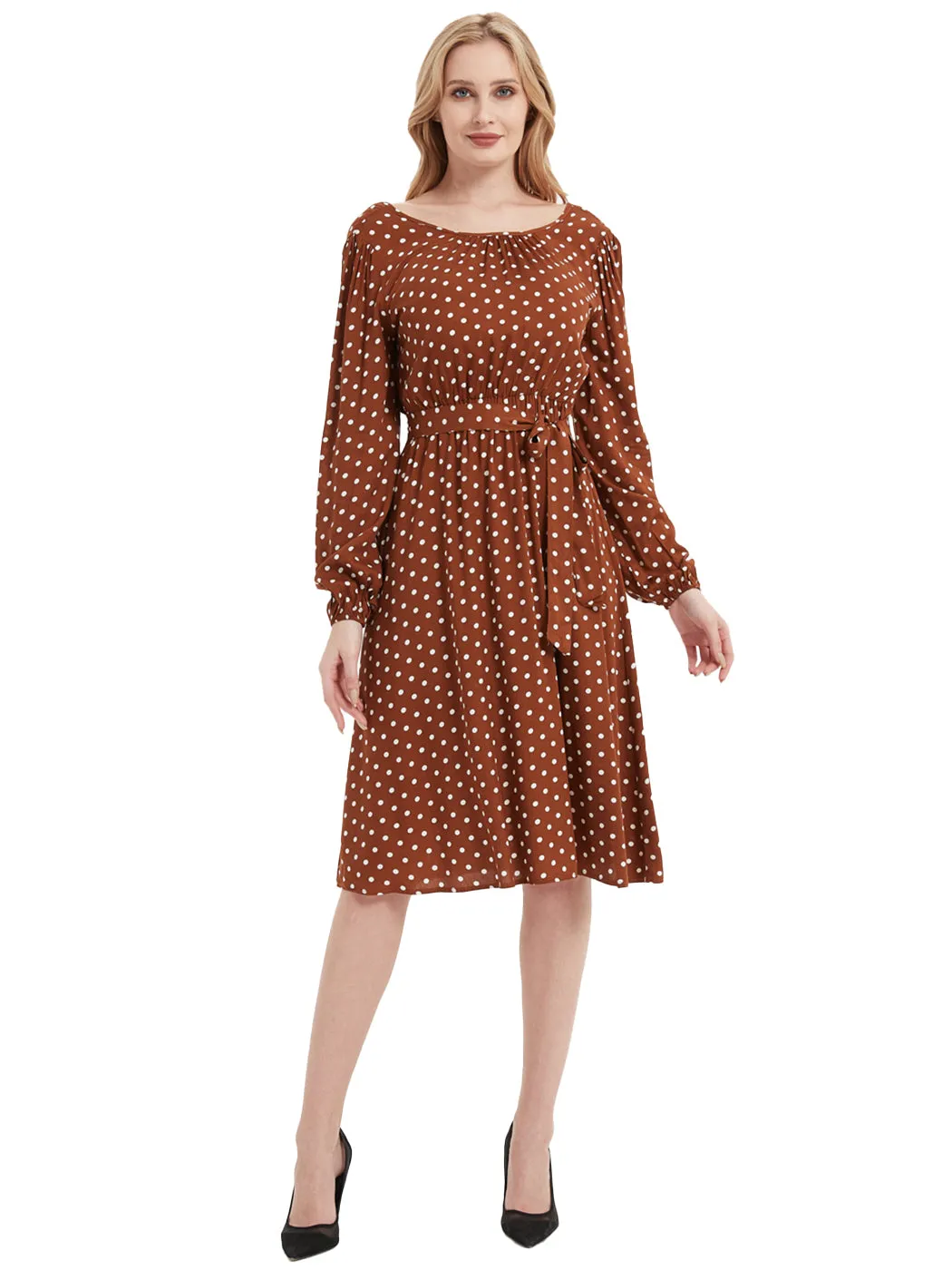 Anna-Kaci Sexy Backless Polka Dot Dress for Women Long Sleeve Round Neck Tie Waist A-Line Dresses