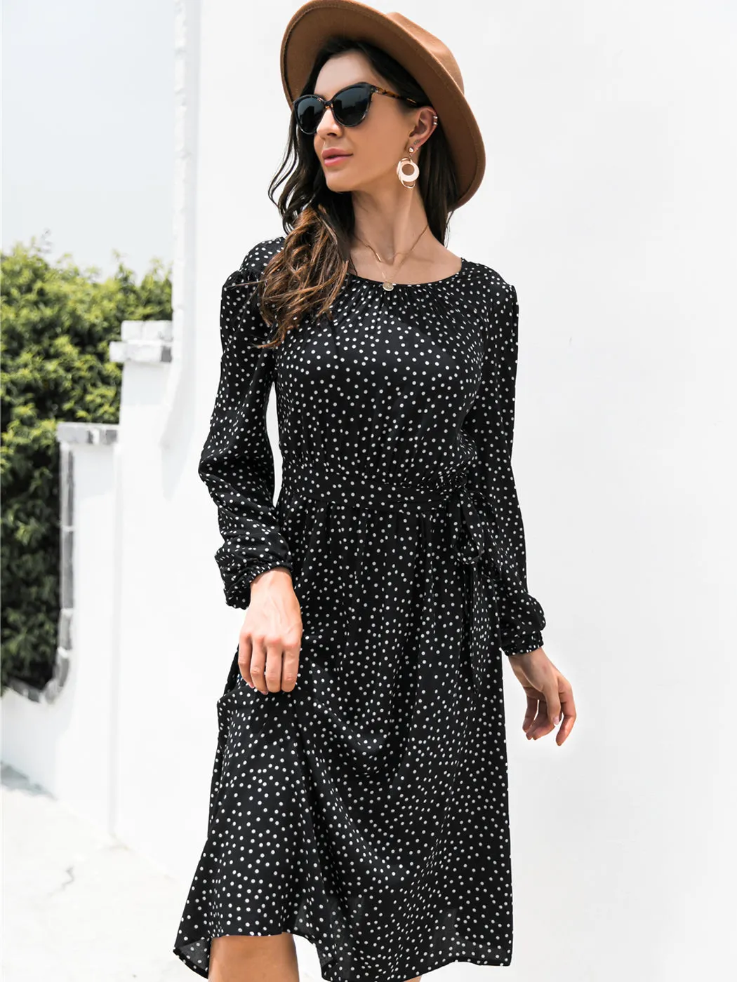 Anna-Kaci Sexy Backless Polka Dot Dress for Women Long Sleeve Round Neck Tie Waist A-Line Dresses