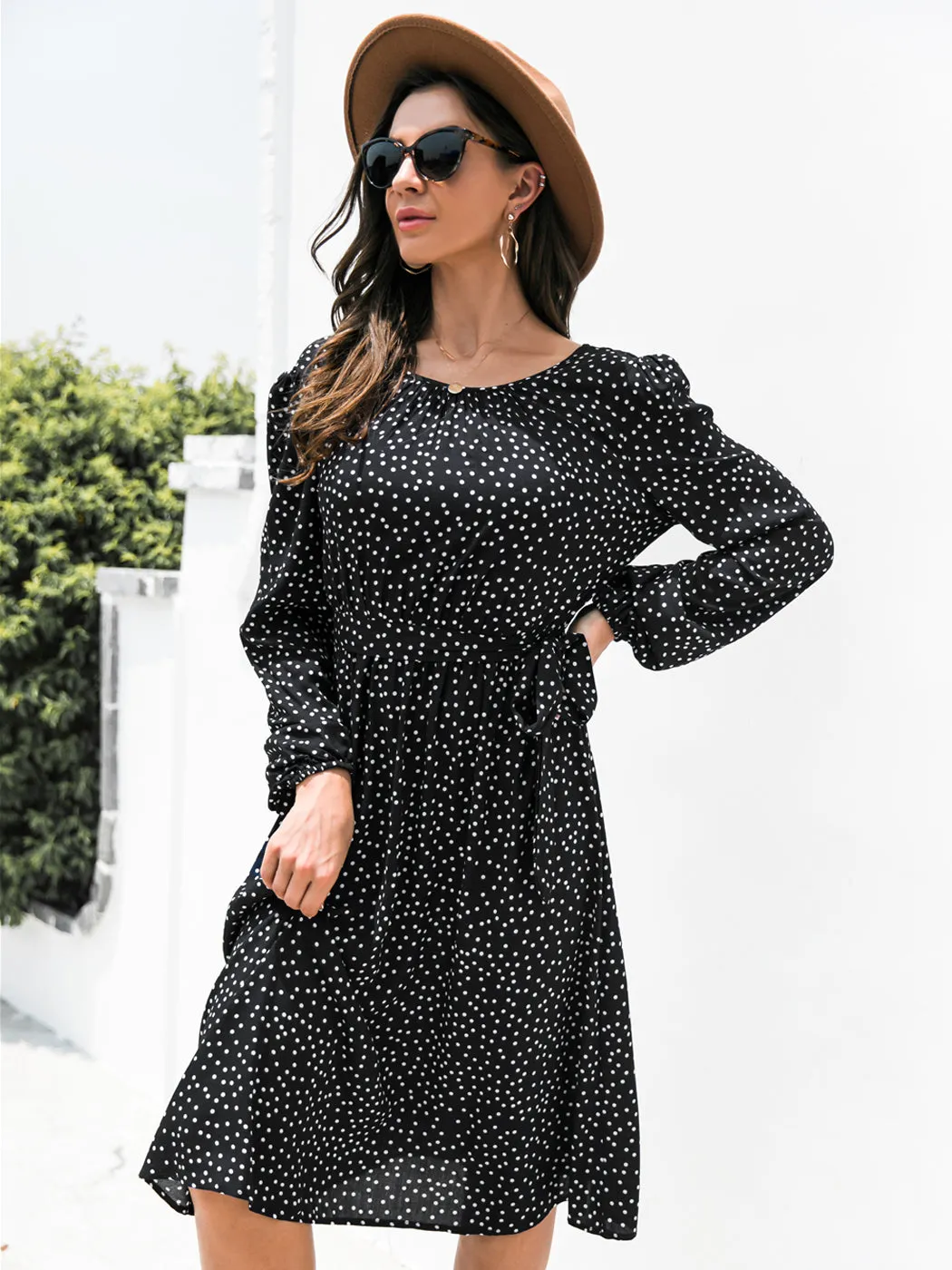 Anna-Kaci Sexy Backless Polka Dot Dress for Women Long Sleeve Round Neck Tie Waist A-Line Dresses