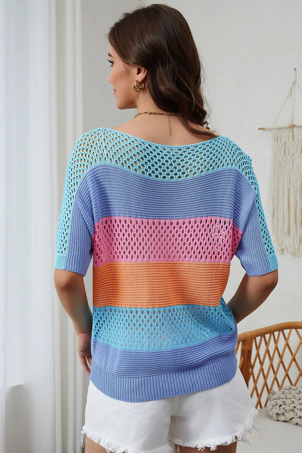 April Knitted Eyelet Colorblock Striped Half Sleeves Top