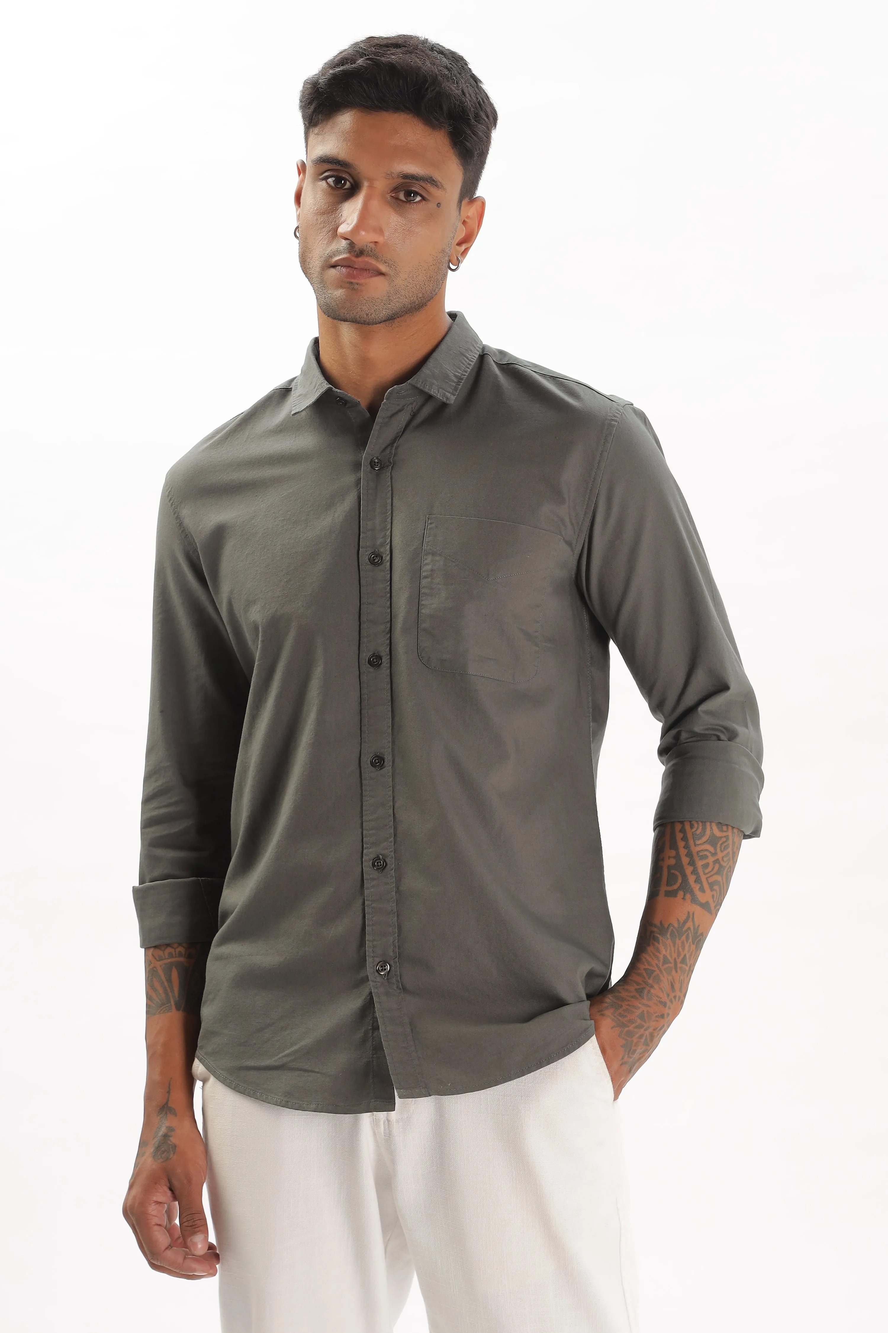 Army Green Regular Fit Plain Full Sleeve Shirt