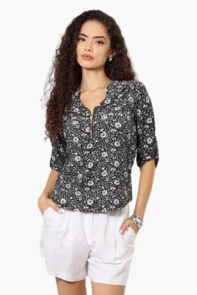 Beechers Brook Floral Half Zip Roll Up Sleeve Shirt - Black