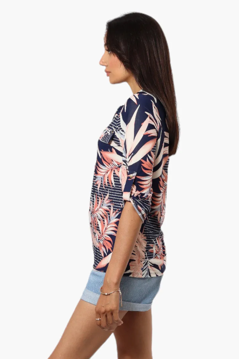 Beechers Brook Floral Roll Up Sleeve Blouse - Navy