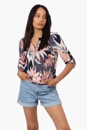 Beechers Brook Floral Roll Up Sleeve Blouse - Navy