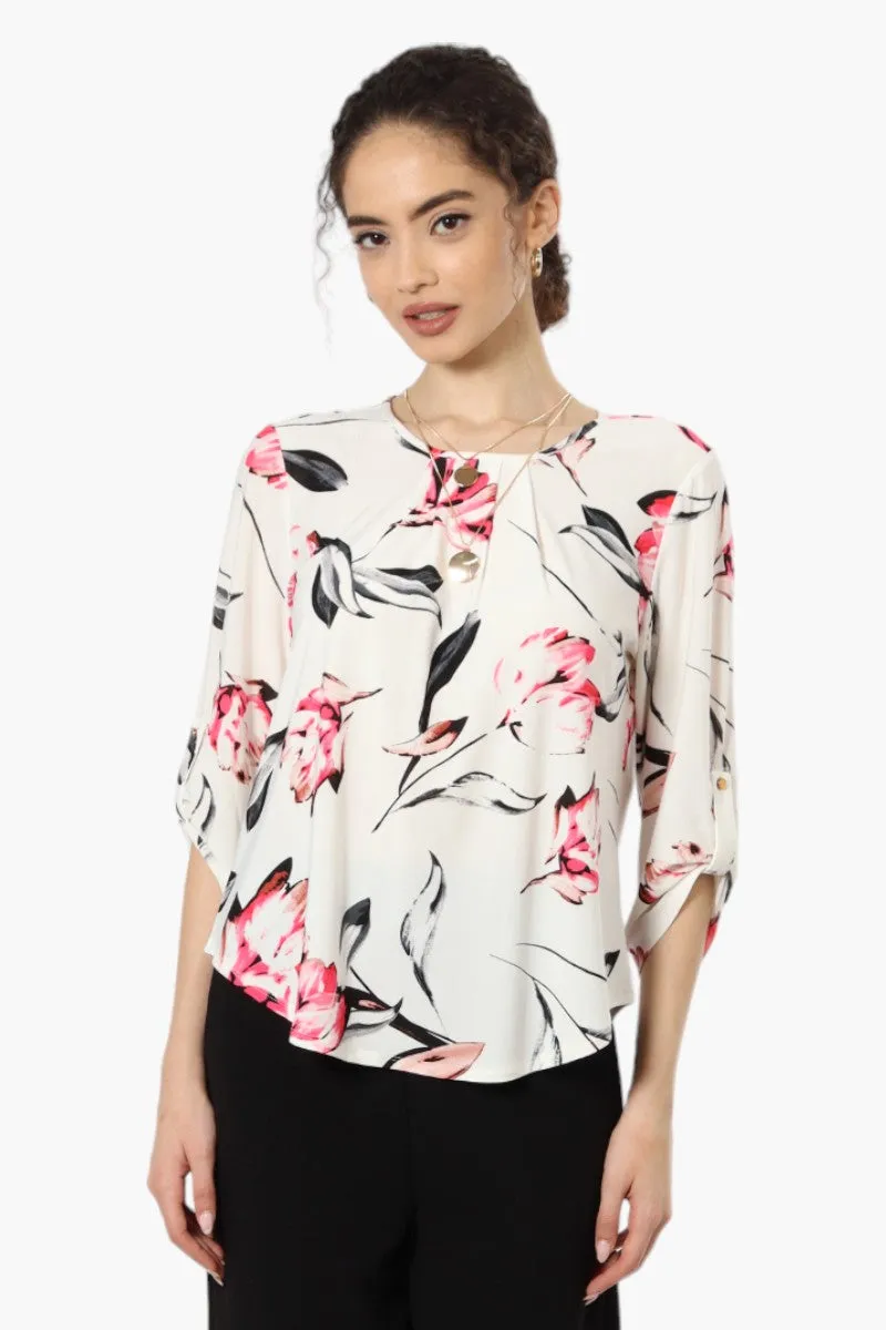 Beechers Brook Floral Roll Up Sleeve Necklace Blouse - White