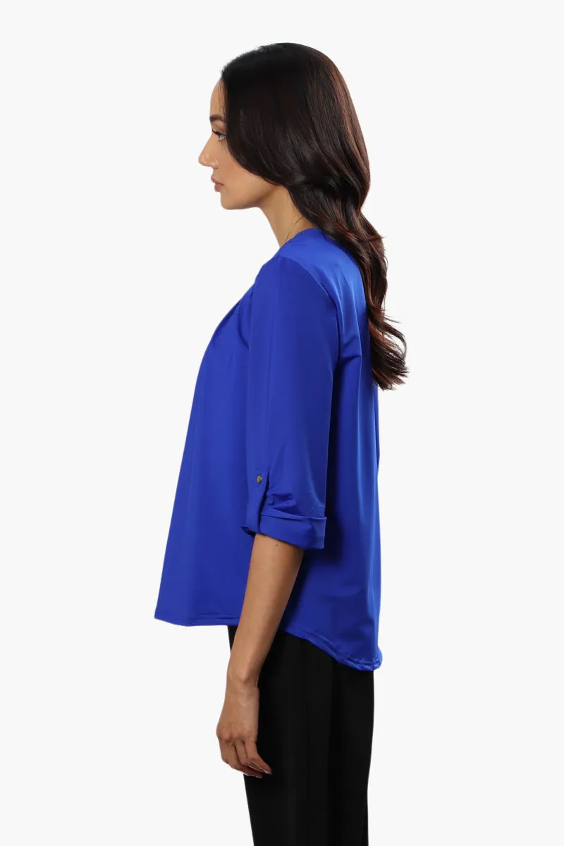 Beechers Brook Solid Roll Up Sleeve Blouse - Blue