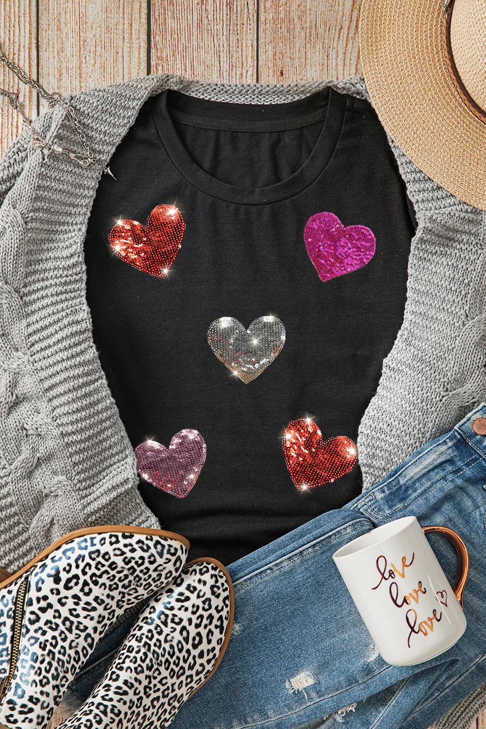 Black Sequin Heart Patched Pattern Crewneck Valentines Tee