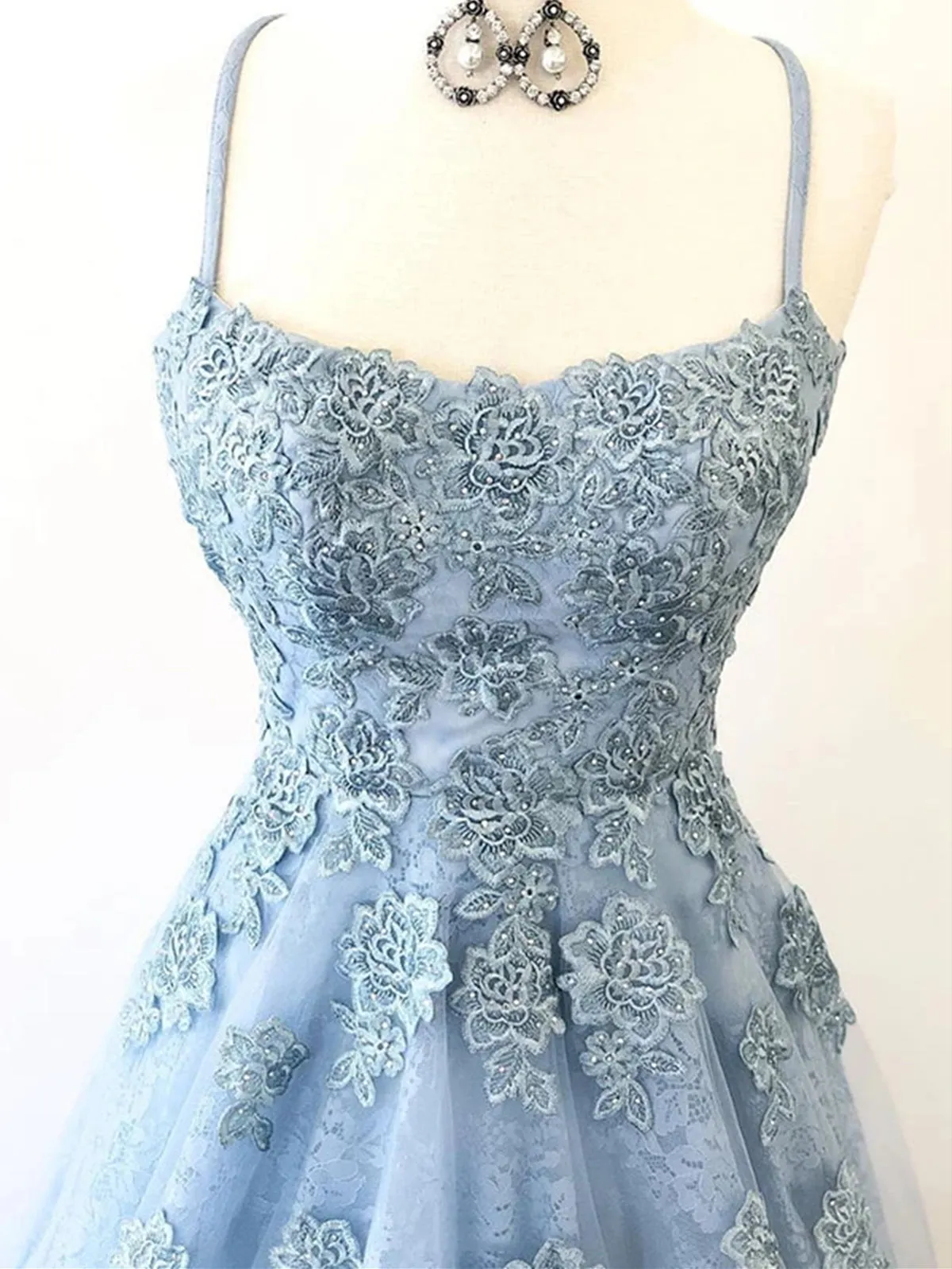 Blue Backless Lace Prom Dresses, Open Back Blue Lace Formal Evening Graduation Dresses