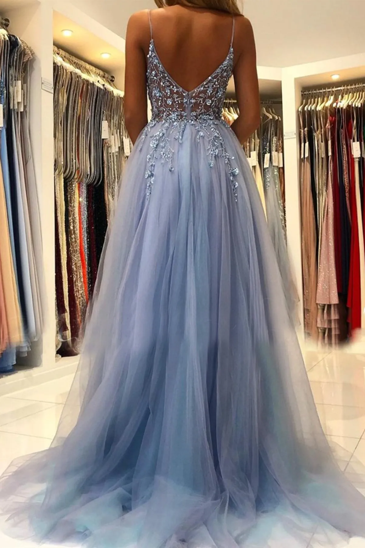 Blue Beaded Long Prom Dresses, Blue Beaded Long Formal Graduation Dresses