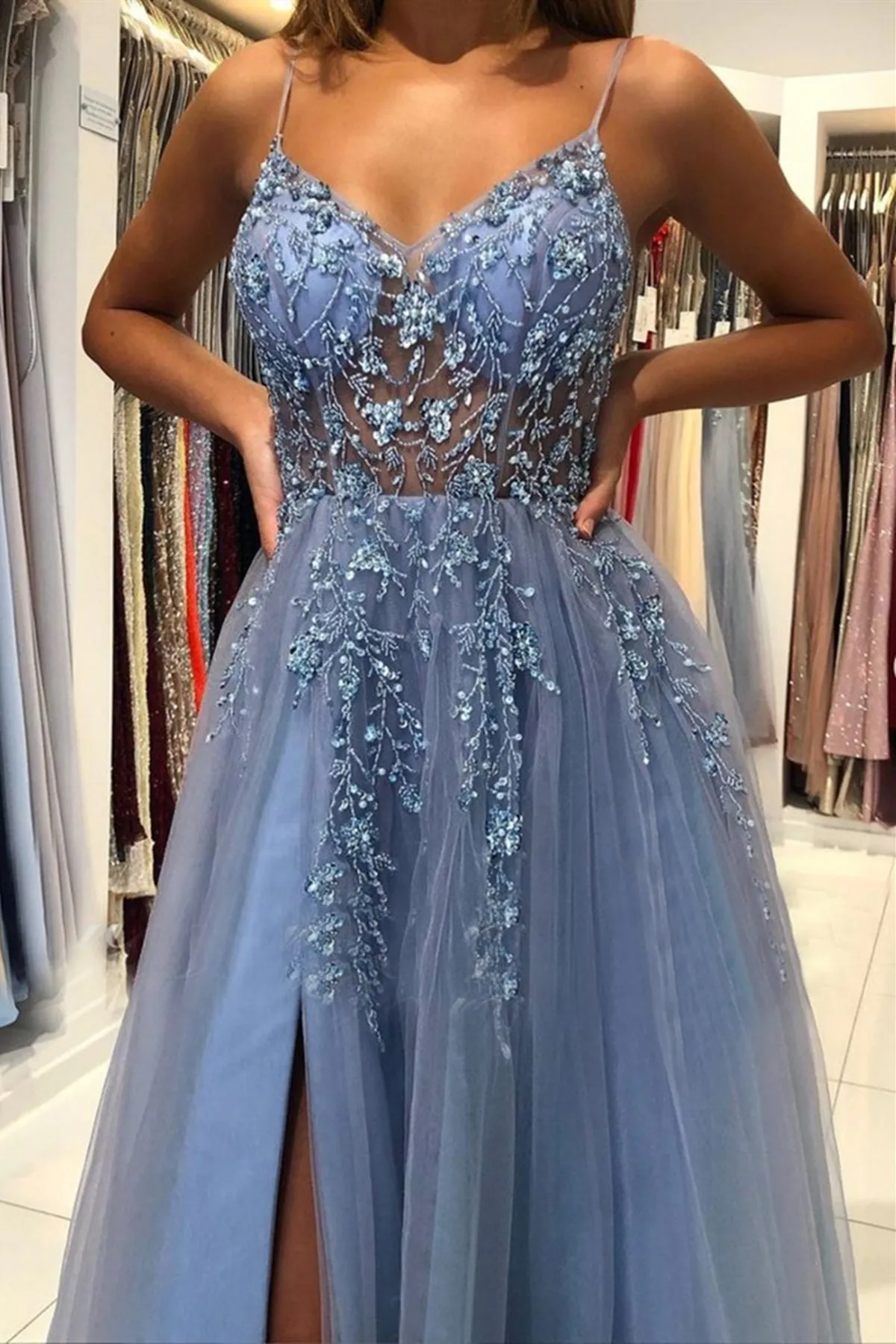 Blue Beaded Long Prom Dresses, Blue Beaded Long Formal Graduation Dresses