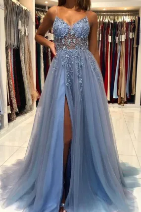 Blue Beaded Long Prom Dresses, Blue Beaded Long Formal Graduation Dresses