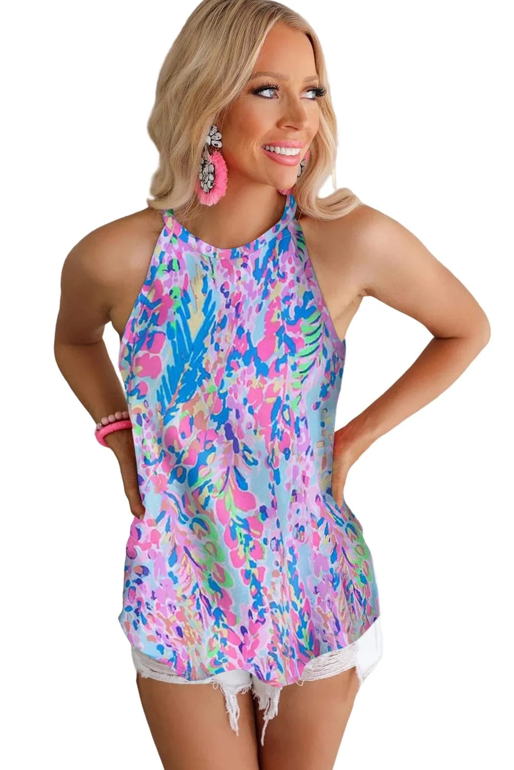 Blue Floral Print Sleeveless Tank Top with Multicolor Design