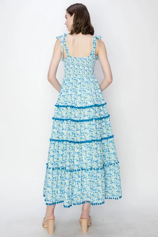 Blue Multi Self Tie shoulder Floral Print Tiered Midi Dress