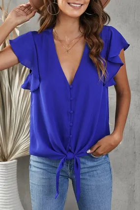 Blue Tonight V-Neck Button-Up Ruffle Sleeve Top