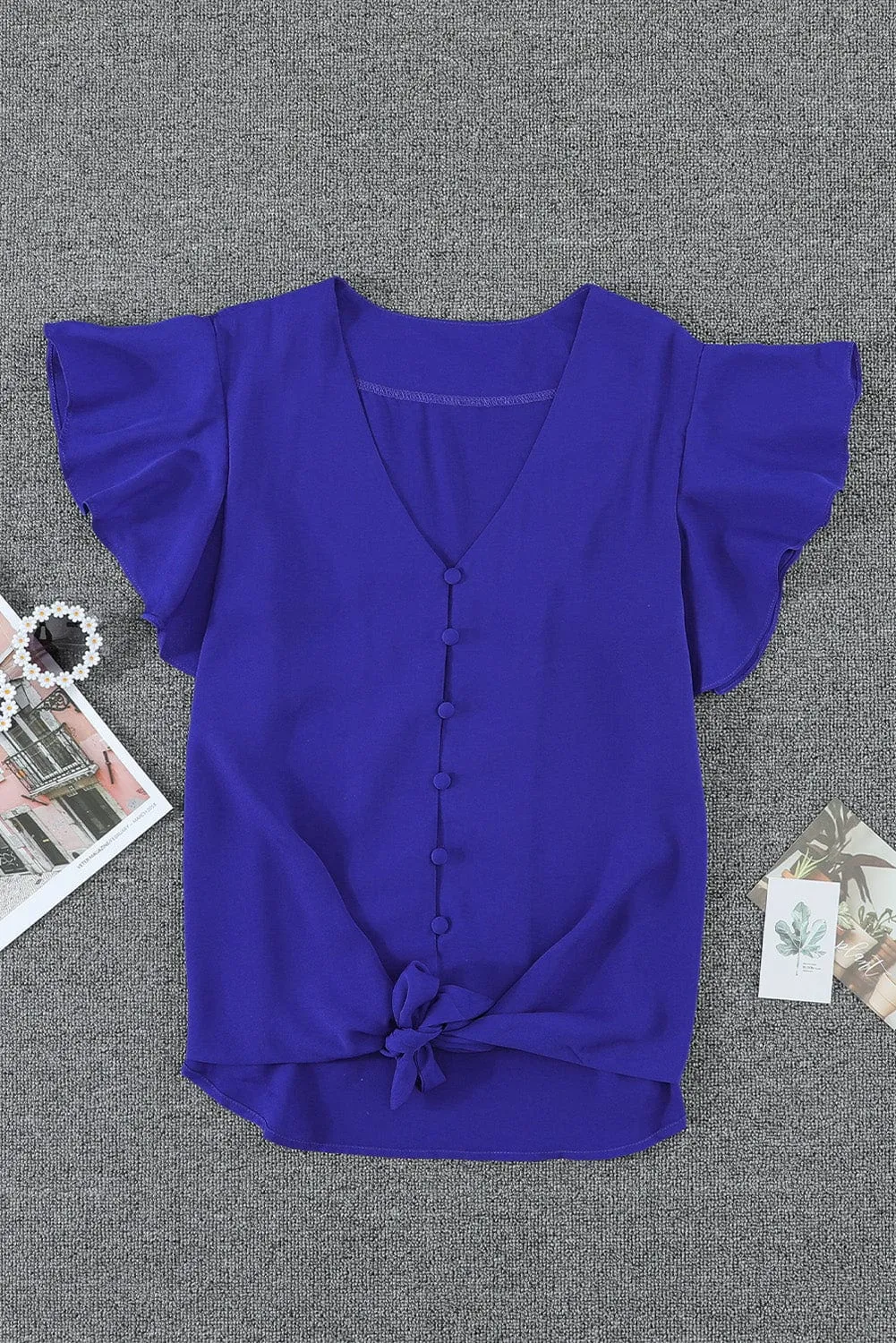 Blue Tonight V-Neck Button-Up Ruffle Sleeve Top