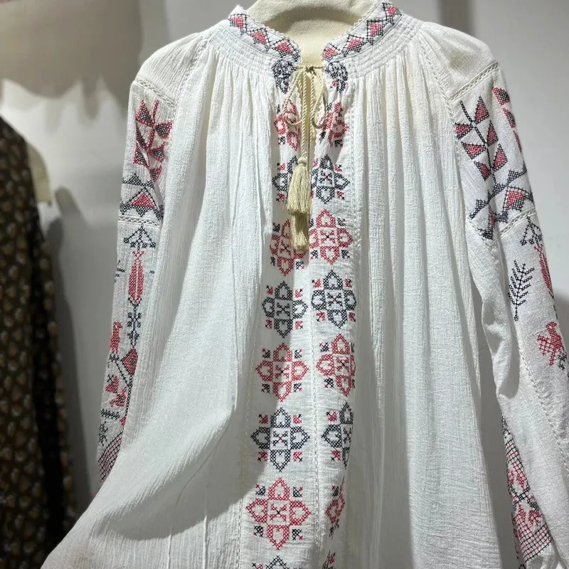 Bohemian Embroidered Geometric V-Neck Blouse for Women