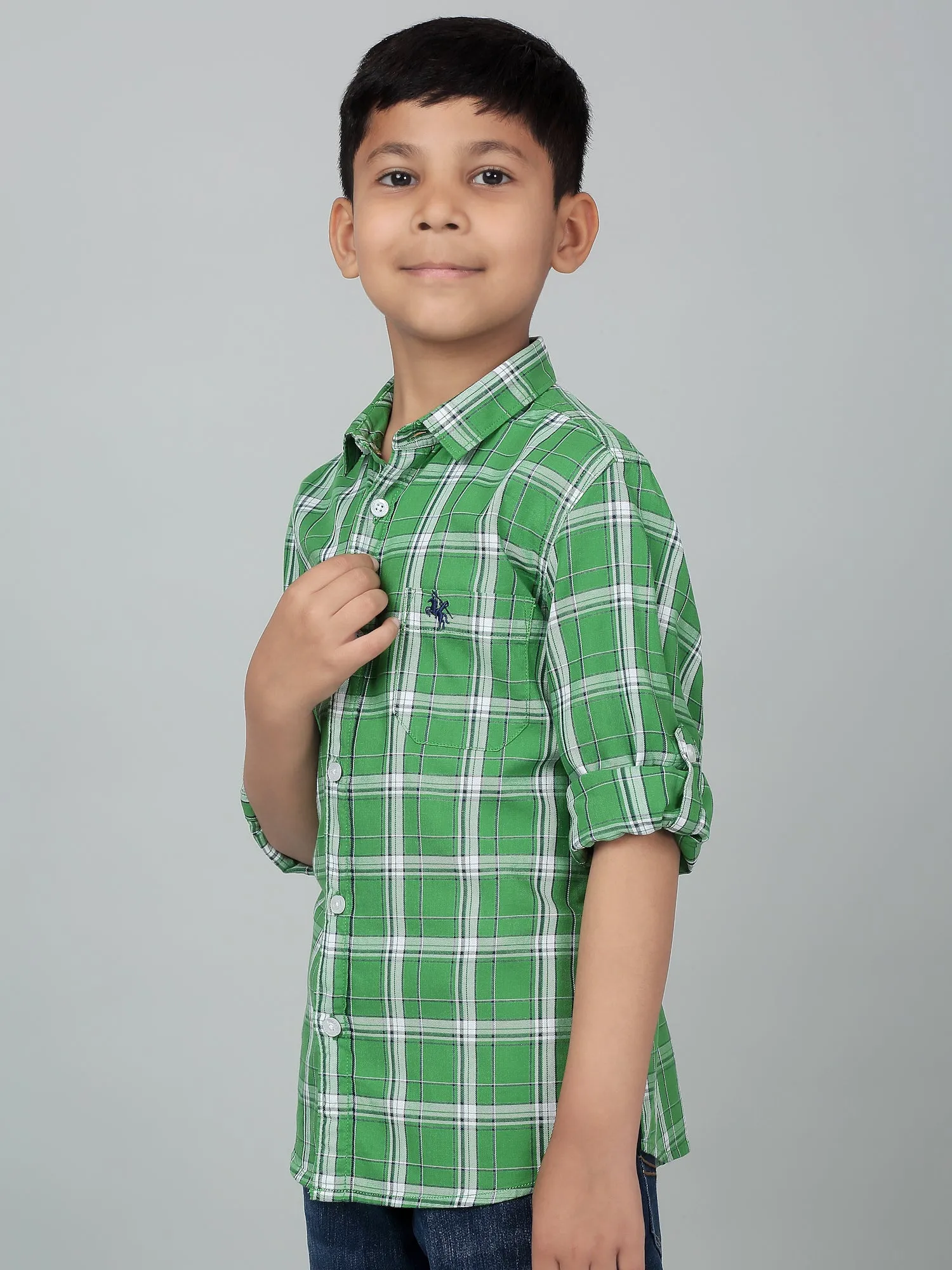 Boy's Green Checkered Full Sleeves Shirt