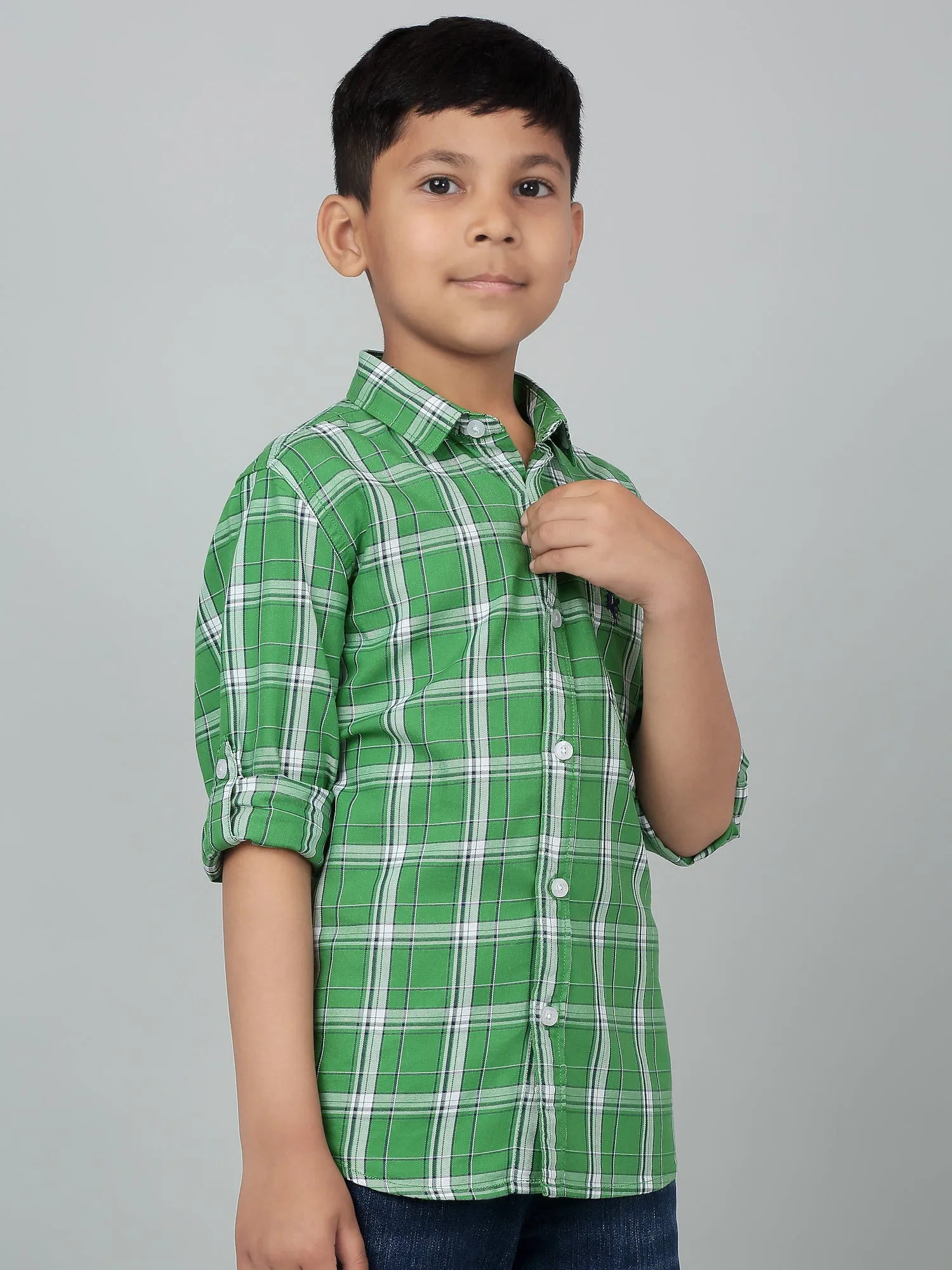 Boy's Green Checkered Full Sleeves Shirt