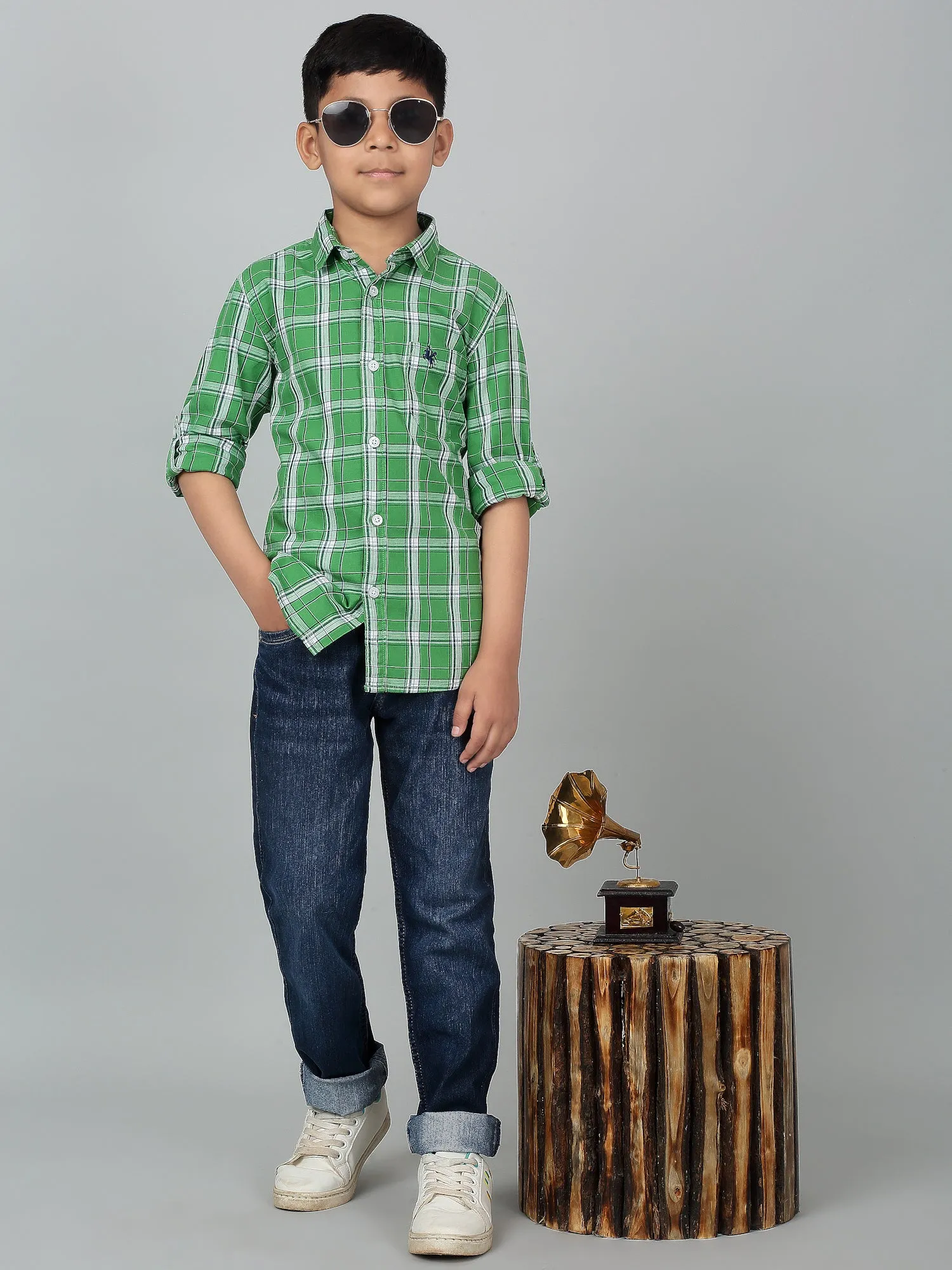 Boy's Green Checkered Full Sleeves Shirt