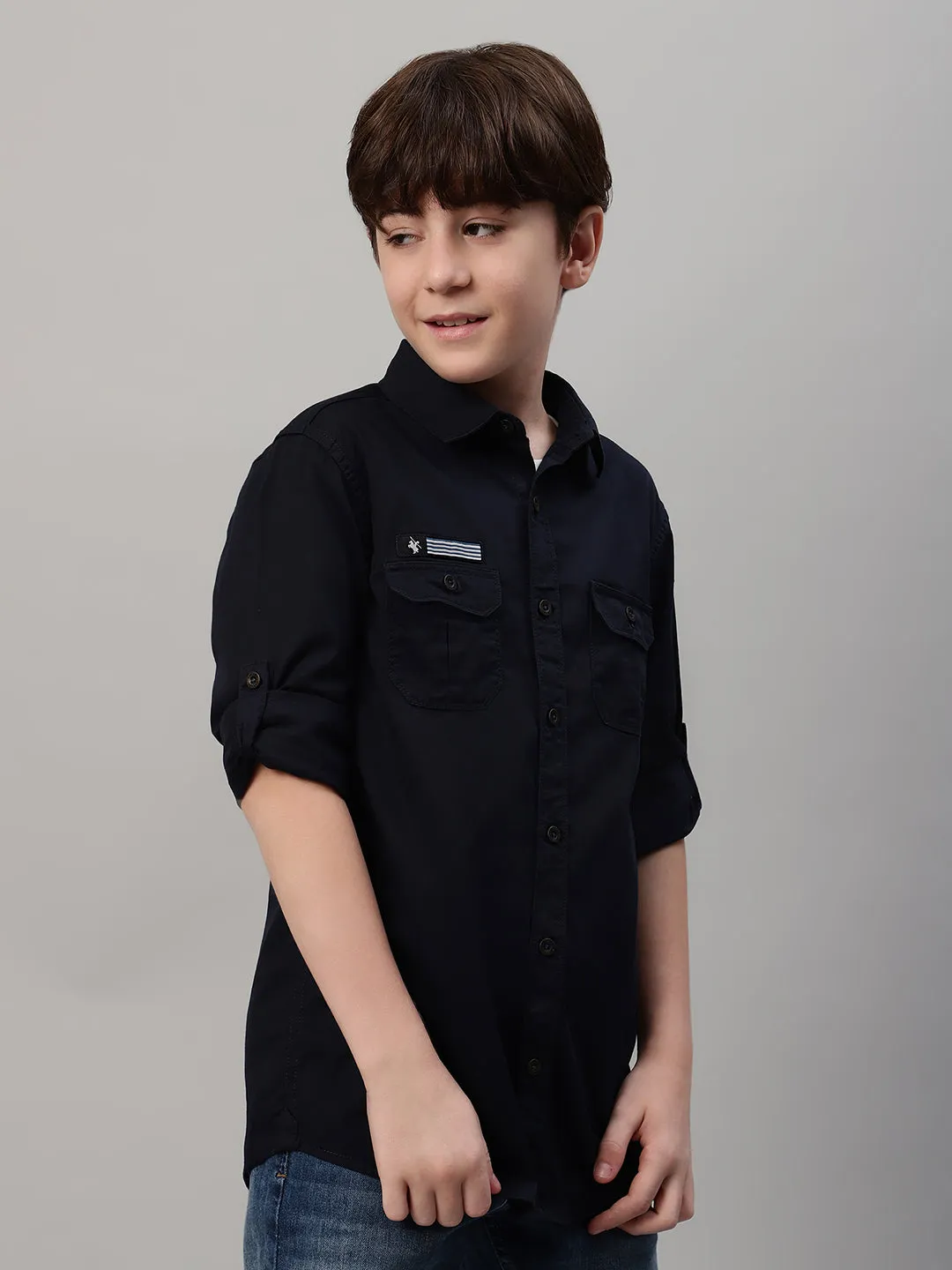 Boy's Navy Blue Solid Full Sleeve Shirt