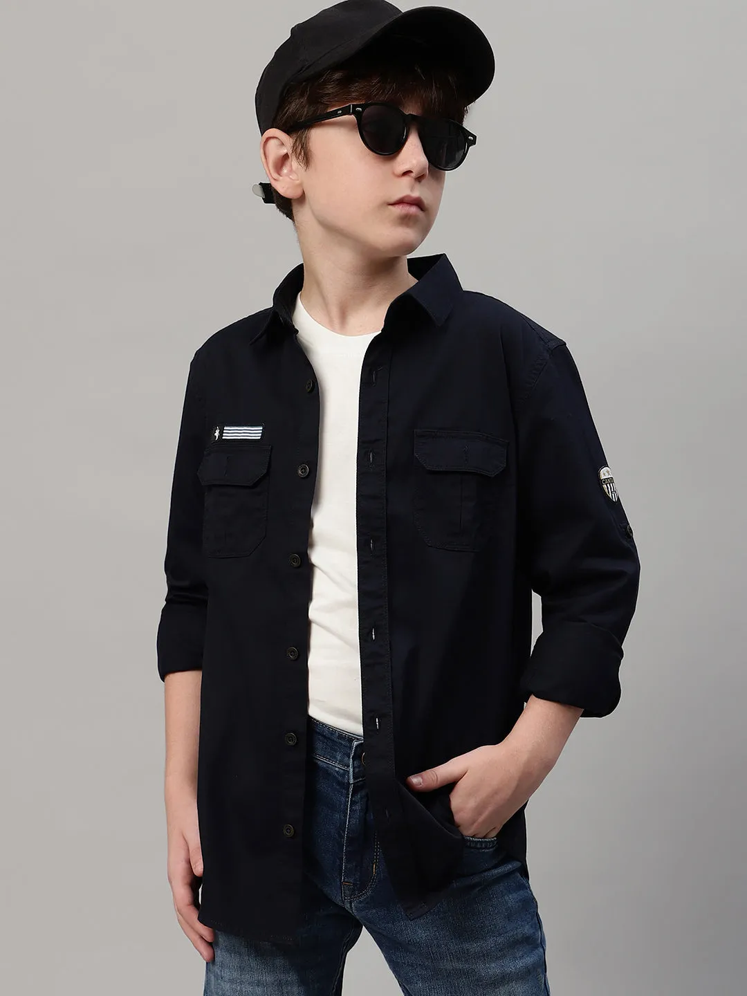 Boy's Navy Blue Solid Full Sleeve Shirt