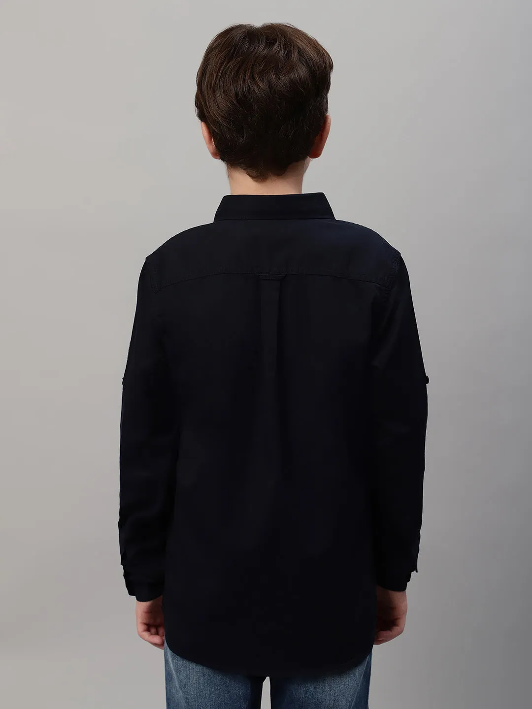 Boy's Navy Blue Solid Full Sleeve Shirt