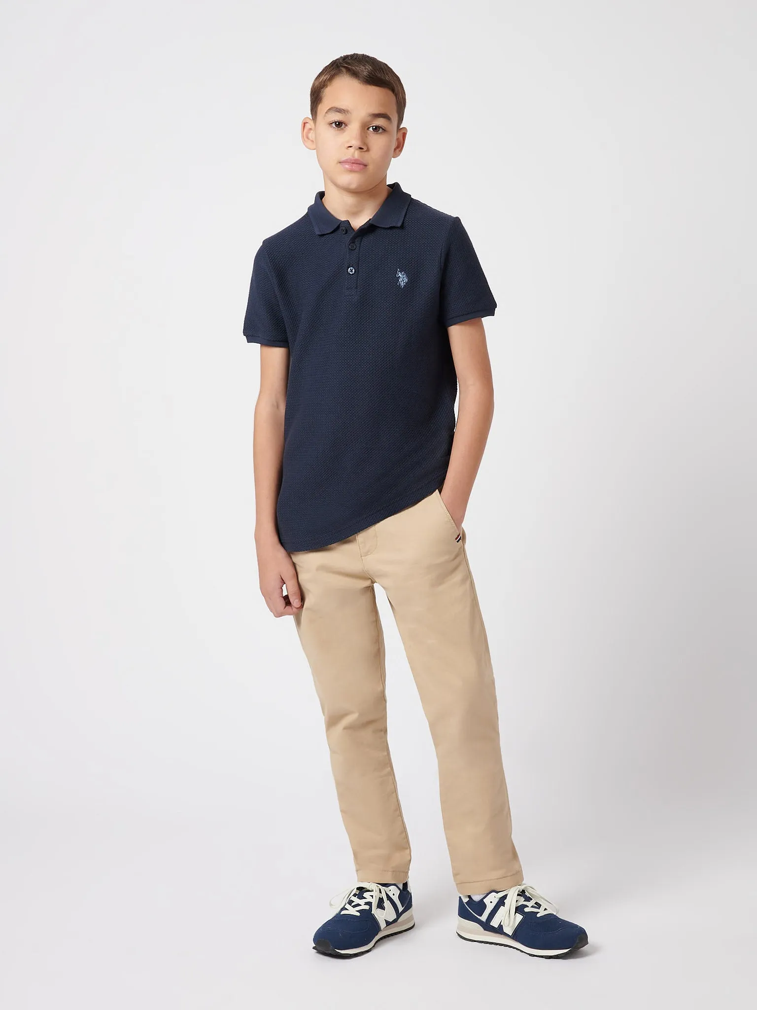 Boys Texture Double Horsemen Polo Shirt in Dark Sapphire Navy