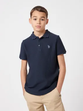 Boys Texture Double Horsemen Polo Shirt in Dark Sapphire Navy