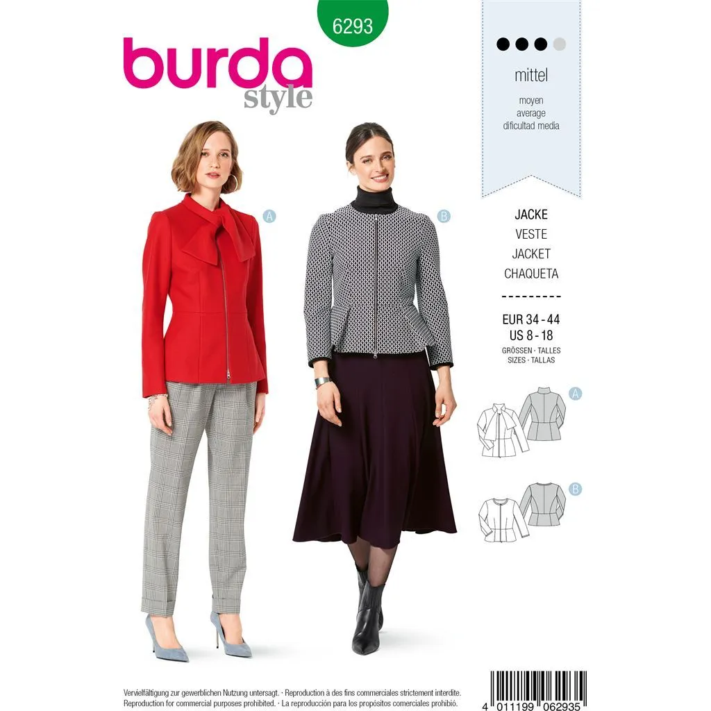 Burda Style Pattern B6293 Misses' Peplum Jackets with Zipper Closure