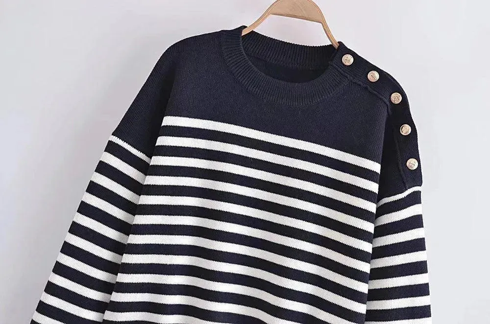 Buttoned Striped Pullover Sweaters