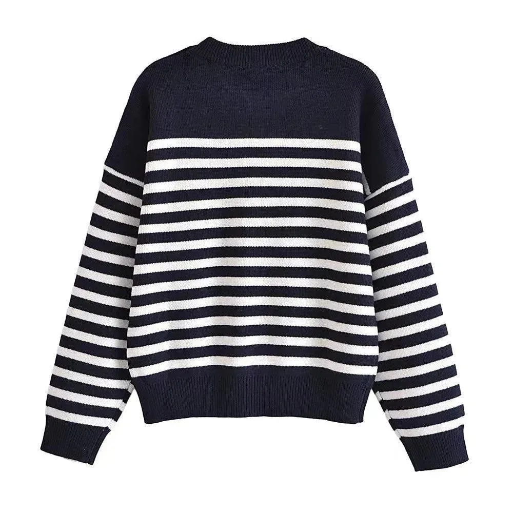 Buttoned Striped Pullover Sweaters