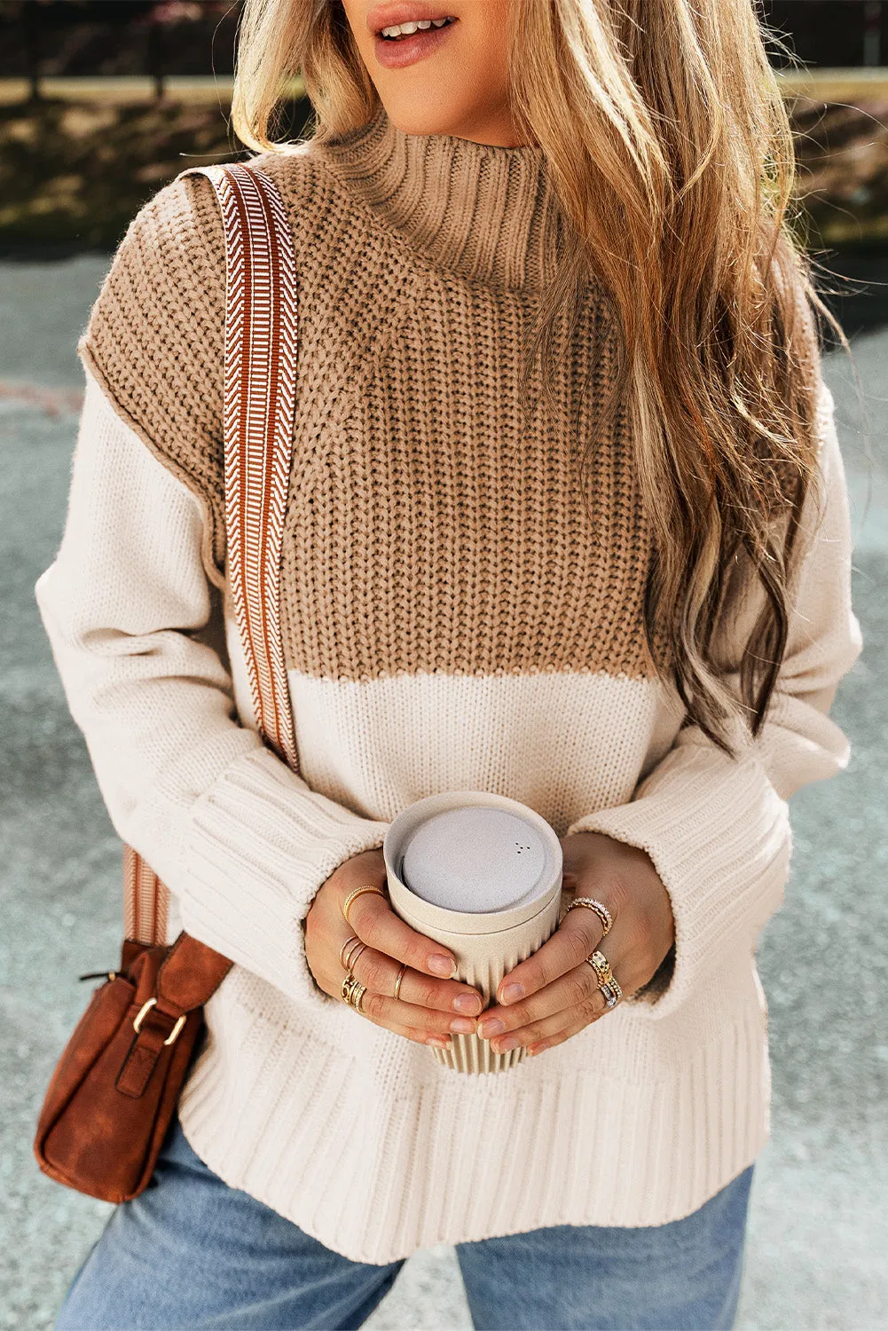 Cable Knit Side Splits High Neck Sweater