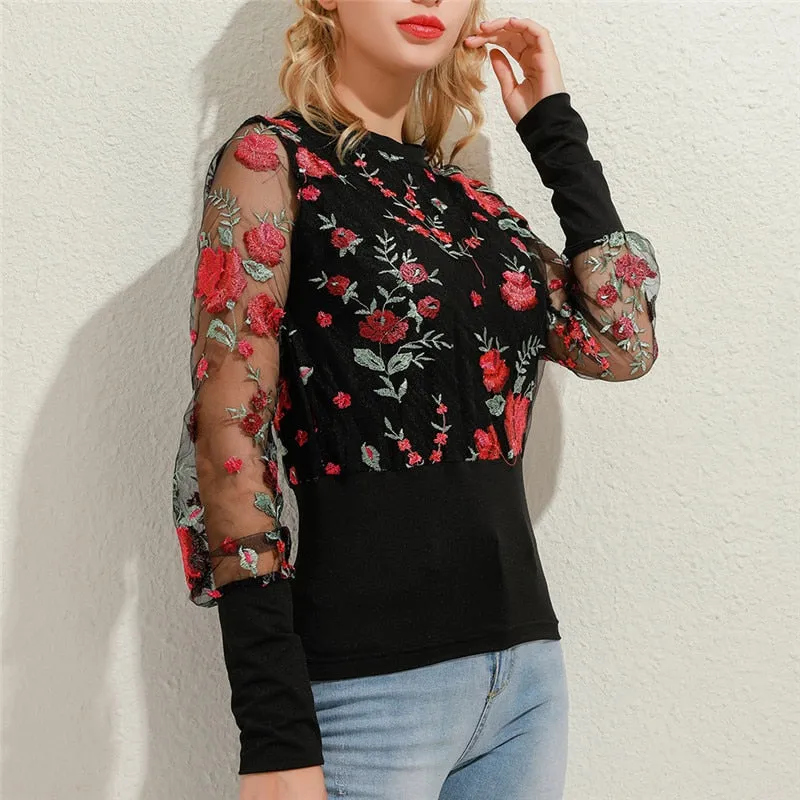 CARA Design Women's Fashion Stylish Embroidery Floral Sheer Mesh Design Chiffon Blouse