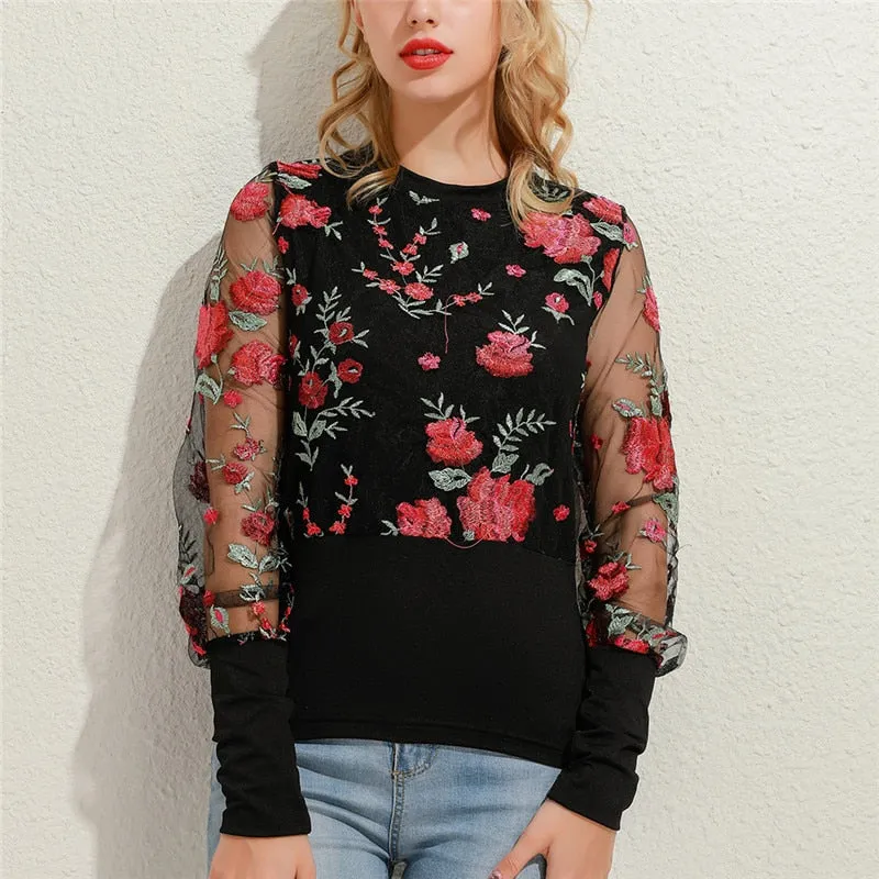 CARA Design Women's Fashion Stylish Embroidery Floral Sheer Mesh Design Chiffon Blouse