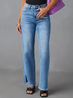 Casual High Waist Fashionable Slit Straight Stretch Jeans