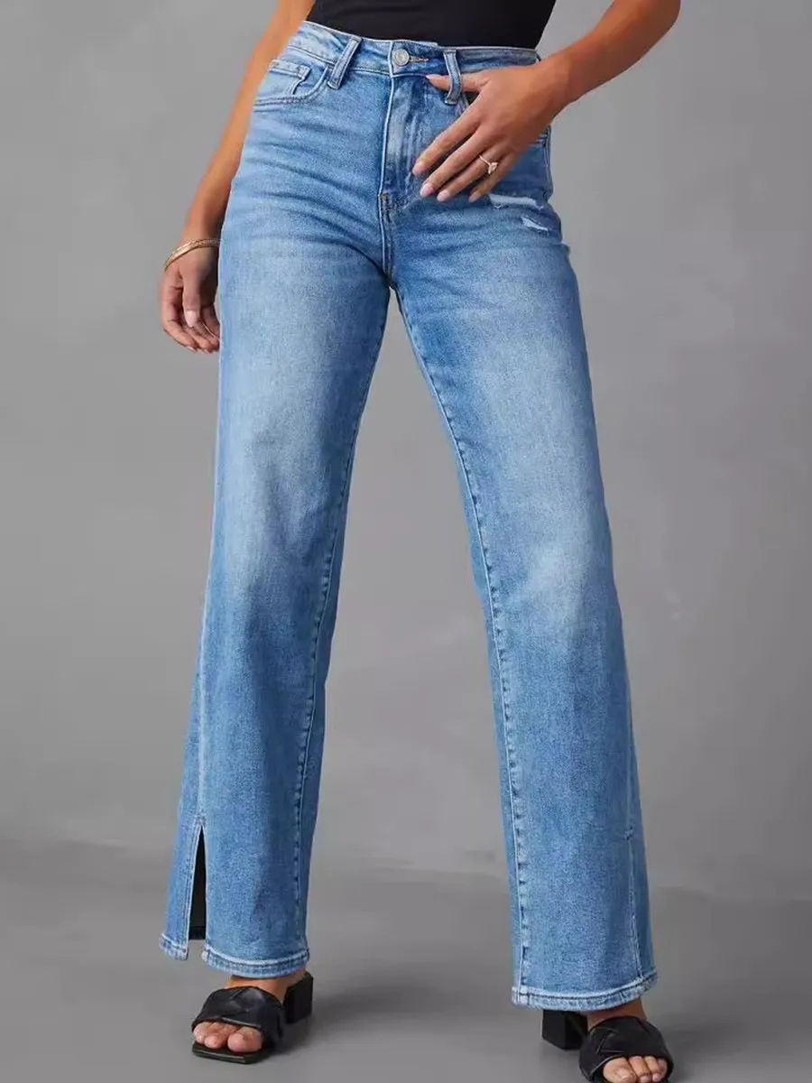 Casual High Waist Fashionable Slit Straight Stretch Jeans