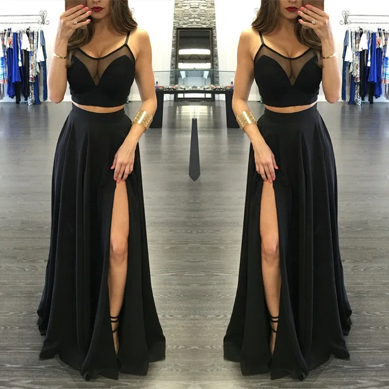 Chic Black Illusion Two Piece Prom Party GownsFront Split Spaghetti Strap