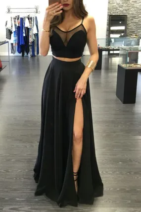 Chic Black Illusion Two Piece Prom Party GownsFront Split Spaghetti Strap