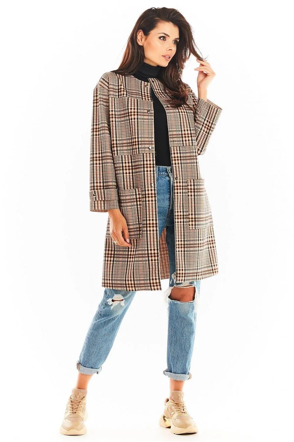 Chic Checkered Coat with Secure Snap Fasteners