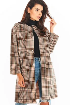 Chic Checkered Coat with Secure Snap Fasteners