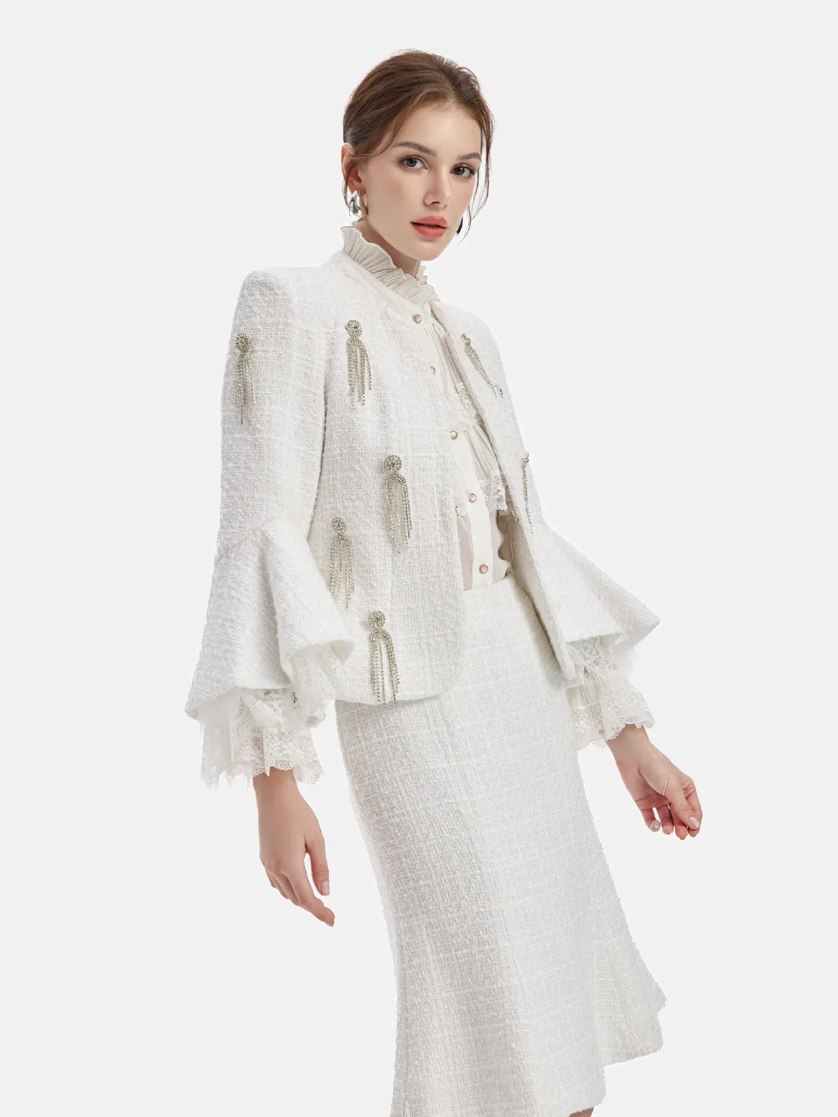 Chic Detachable Pearl Diamond Lace Bell Sleeve Jacket